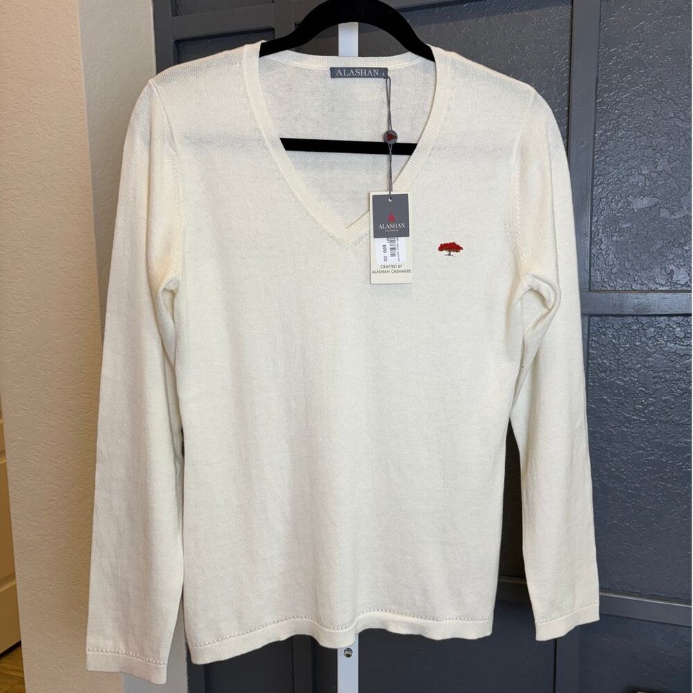Alashan Cashmere White Cotton Womens V-Neck Long Sleeve Golf Pullover Sweater SM